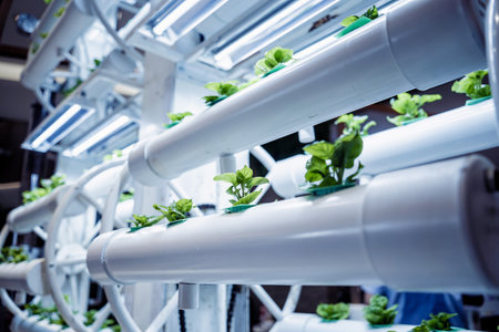 Racks with young microgreens in pots under led lamps in hydroponics vertical farms.の写真素材