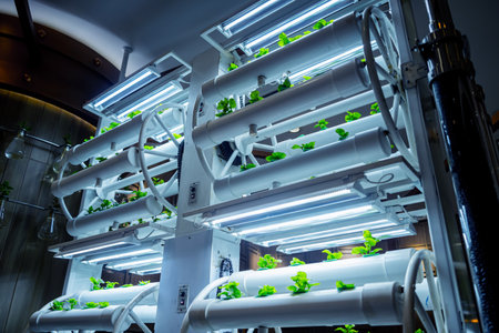 Racks with young microgreens in pots under led lamps in hydroponics vertical farms.の写真素材