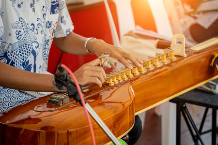 Street musicians play authentic Asian musical instrumentsの写真素材