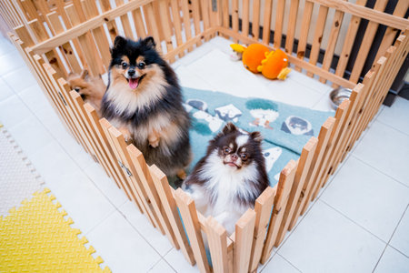 Portrait of cute pomeranian dog at the grooming salonの写真素材