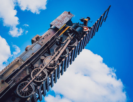 Old train high up in the sky and surfing through the clouds.