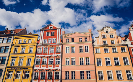 WROCLAW, POLAND - 15, April 2023: Exterior of historical houses and the streets at the Old Town in Wroclaw.のeditorial素材