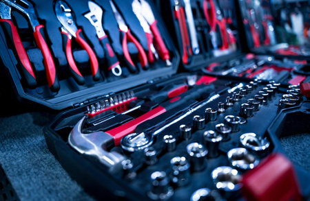 Set of hand various work tools at the showroom of a large store.
