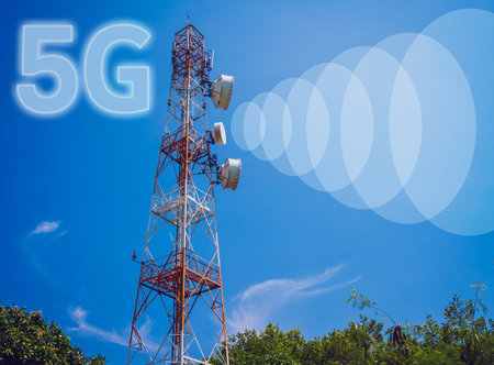 5G Cell Towers for smart mobile telephone on sky backgroundの写真素材