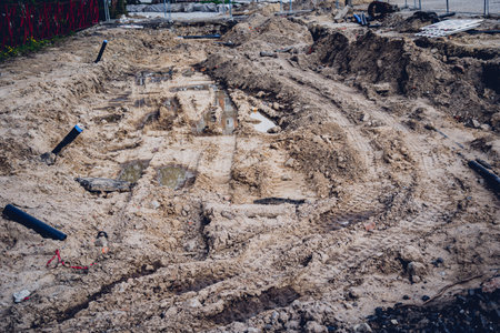 Big construction site with pipes and wires in the construction area.の写真素材