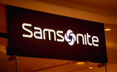 KUALA LUMPUR, MALAYSIA - DECEMBER 04, 2022: Samsonite brand retail shop logo signboard on the...