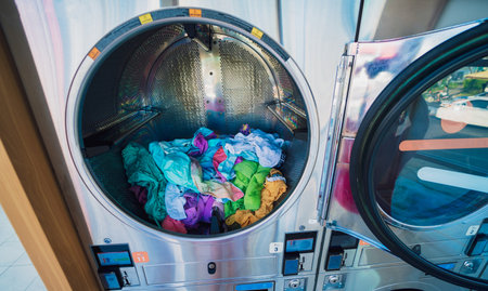 Washed and dried clothes laundry machines in the large laundromat.の写真素材