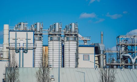 Modern silos for storing grain harvest at the blue sky background.の写真素材