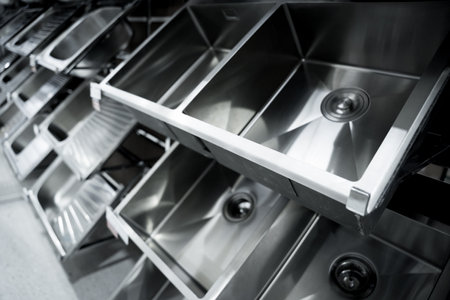Angle view of rows metal kitchen sink at the showroom of a large store.の写真素材
