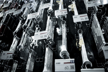 Set of hand various work tools at the showroom of a large store.の写真素材