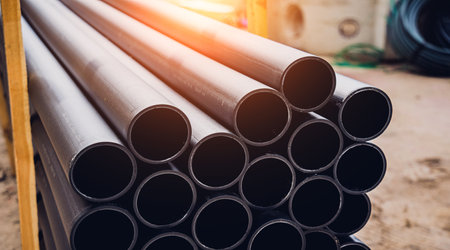 Big construction site with pipes and wires in the construction area.の写真素材