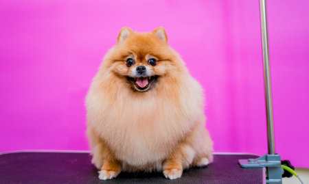 Groomer with protective face masks cutting Pomeranian dog at grooming salon.の写真素材