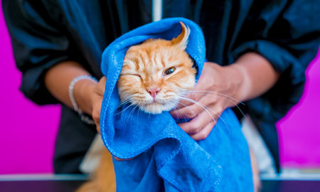 Groomer wipes a beautiful red cat after washing in at grooming salonの写真素材