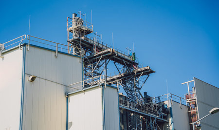 Modern silos for storing grain harvest at the blue sky background.