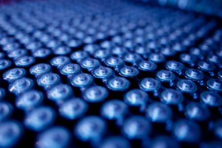 Dark background of rows of new batteriesの写真素材