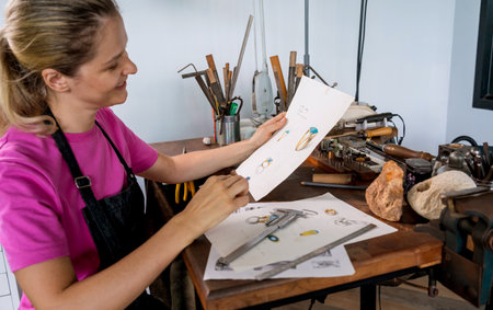 Young female jeweler making jewelry in workshopの写真素材