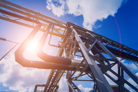 Modern steam pipeline for industrial on blue skies background.の写真素材