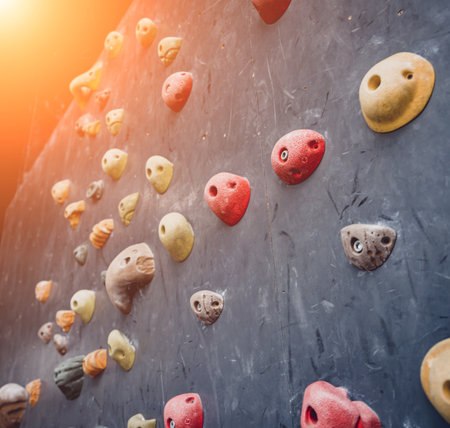 Artificial climbing wall with colorful grips and ropesの写真素材