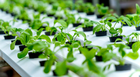 Racks with young microgreens in pots at hydroponics farms.