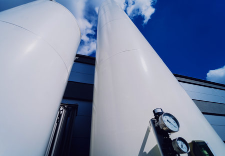 Liquid nitrogen tanks and heat exchanger coils for producing industrial gasの写真素材