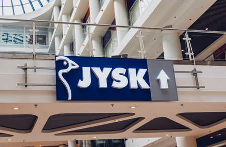 WARSAW. POLAND - MAY 21, 2023: JYSK brand retail shop logo signboard on the storefront in the shopping mallのeditorial素材