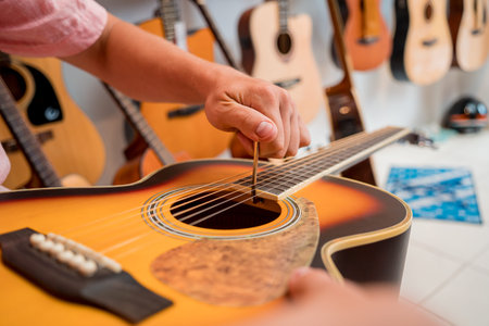 Young musician tuning a classical guitar in a guitar shop