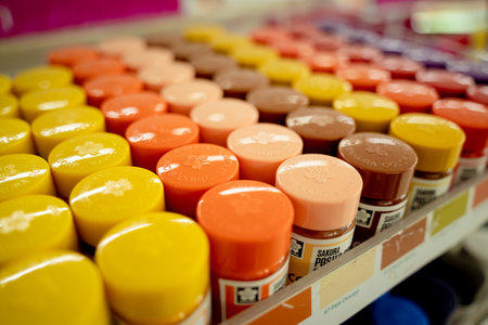 Background of lots assorted colorful paint setの写真素材
