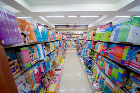 Different books lying on the shelves in the book storeの写真素材