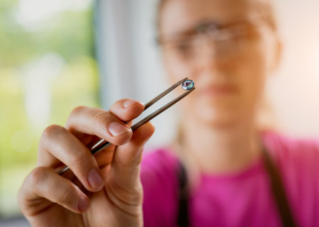 Young female jeweler making jewelry in workshopの写真素材
