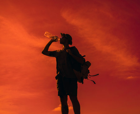 Happy young man relax after climbs to the top of the mountains near the oceanの写真素材