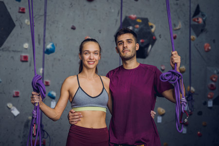 A strong couple of climbers against an artificial wall with colorful grips and ropes.の写真素材