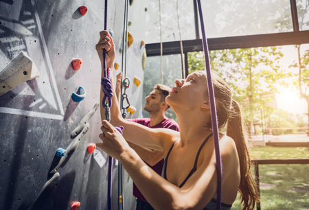 A strong couple of climbers climb an artificial wall with colorful grips and ropes.の写真素材