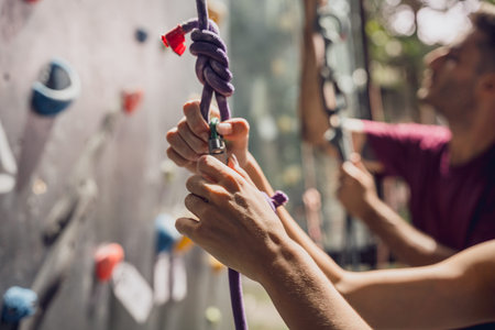 A strong couple of climbers climb an artificial wall with colorful grips and ropes.