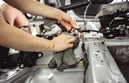 Worker make dry cleaning the car interior using a special brush with foam
