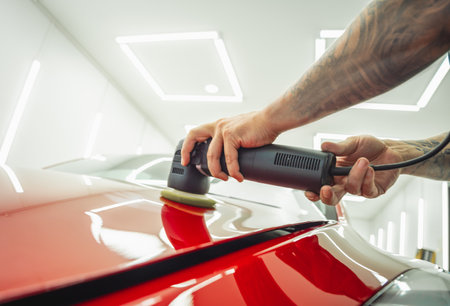 Detailing of clean and shining polished red carの写真素材