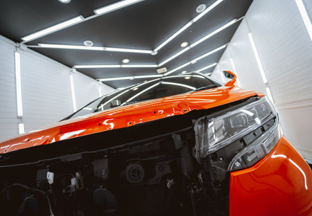 Replacing spare parts on a disassembled car in a car service garageの写真素材