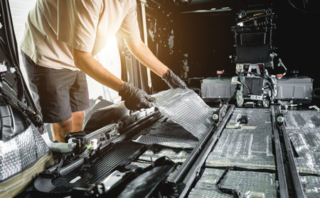 Tunning service worker install soundproofing material inside car interior