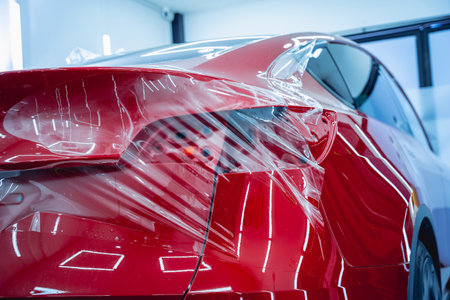 The process of installing protective film on the new red car.の写真素材