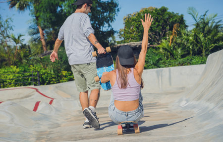 Young happy couple with skateboards enjoy longboarding at the skateparkの写真素材