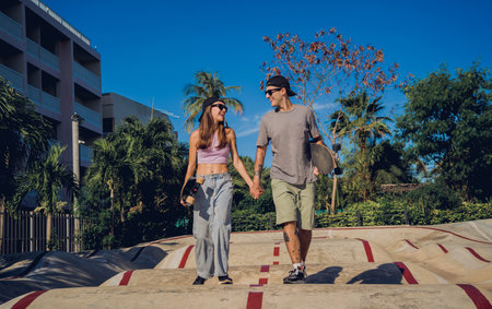 Young happy couple with skateboards enjoy longboarding at the skateparkの写真素材