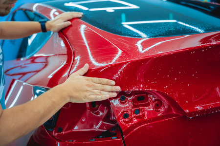 The process of installing protective film on the new red car.の写真素材