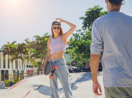 Young happy couple with skateboards enjoy longboarding at the skateparkの写真素材