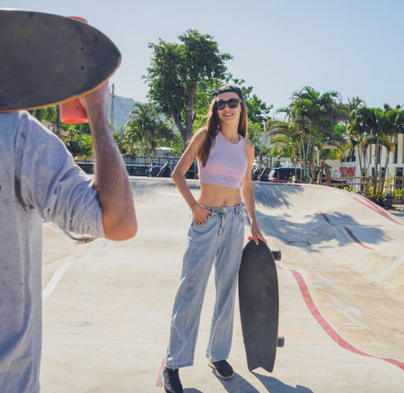 Young happy couple with skateboards enjoy longboarding at the skateparkの写真素材