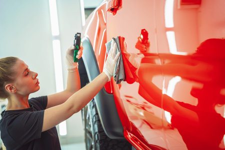 Car detailing worker cleaning and polishing car with microfiber cloth and vacuum.