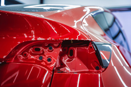 The process of installing protective film on the new red car.