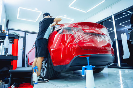 The process of installing protective film on the new red car.の写真素材