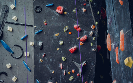 Artificial climbing wall with colorful grips and ropes