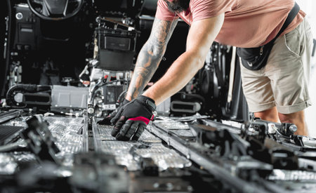 Tunning service worker install soundproofing material inside car interiorの写真素材