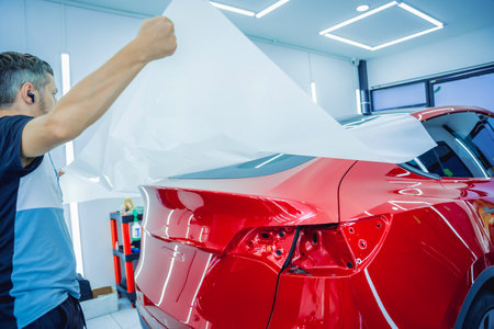 The process of installing protective film on the new red car.の写真素材