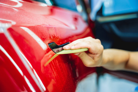 The process of installing protective film on the new red car.の写真素材